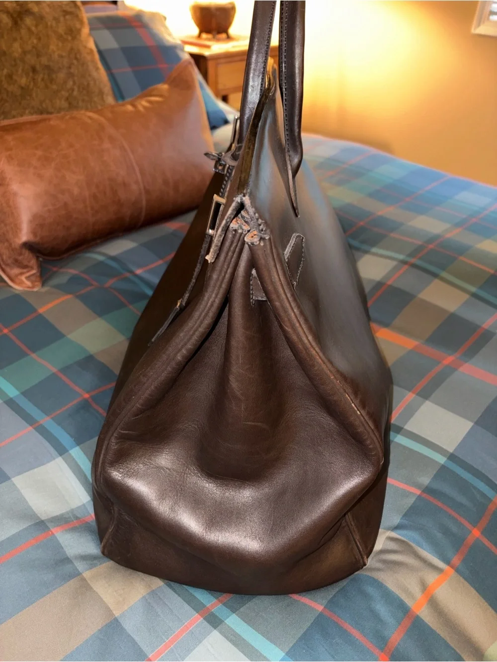 Brown Leather Tote Bag with Silver Hardware